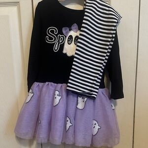 Spooky Ghost Kids Costume with Purple Skirt and Striped Leggings